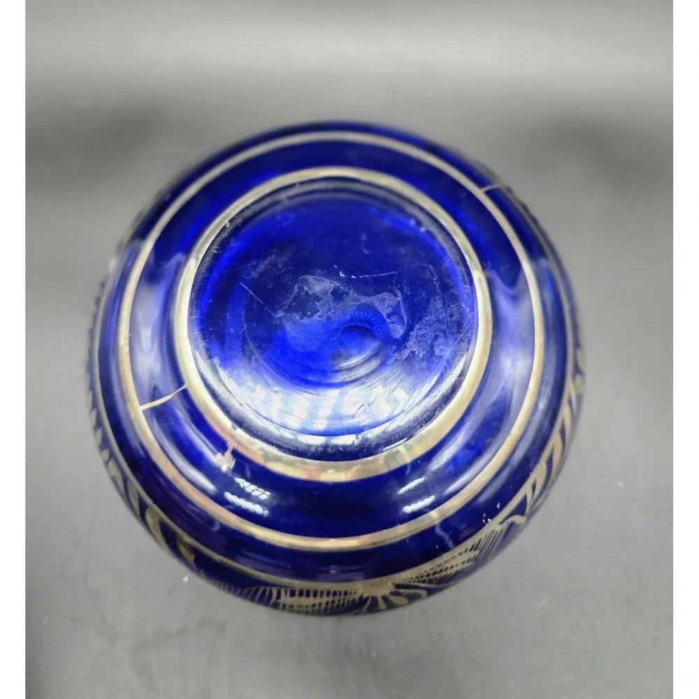 Vintage Cobalt Blue Italian Art Glass Silver Overlay Candy Dish Bowl 6
